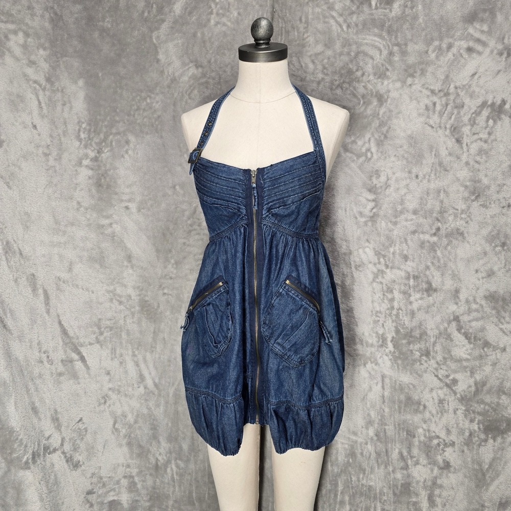Papaya Mini Dress Womens S Blue Denim Halter Zip Front Bubble Hem Y2K Indie Edgy